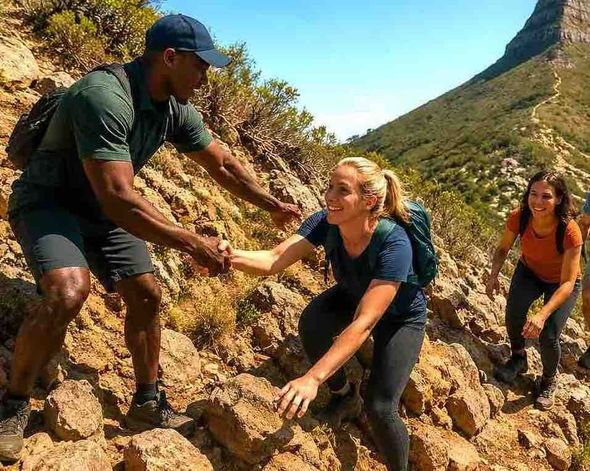 Three hikers climbing a rocky mountain trail, helping each other uphill under a blue sky.