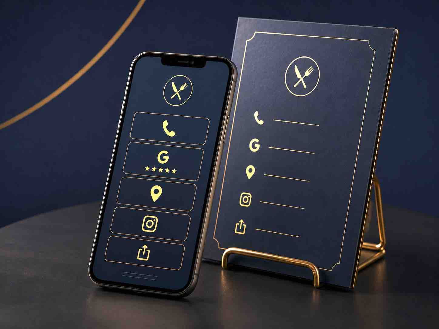 Smartphone and tablet mockups with a dark UI showing icon-based contact and menu items on blue background