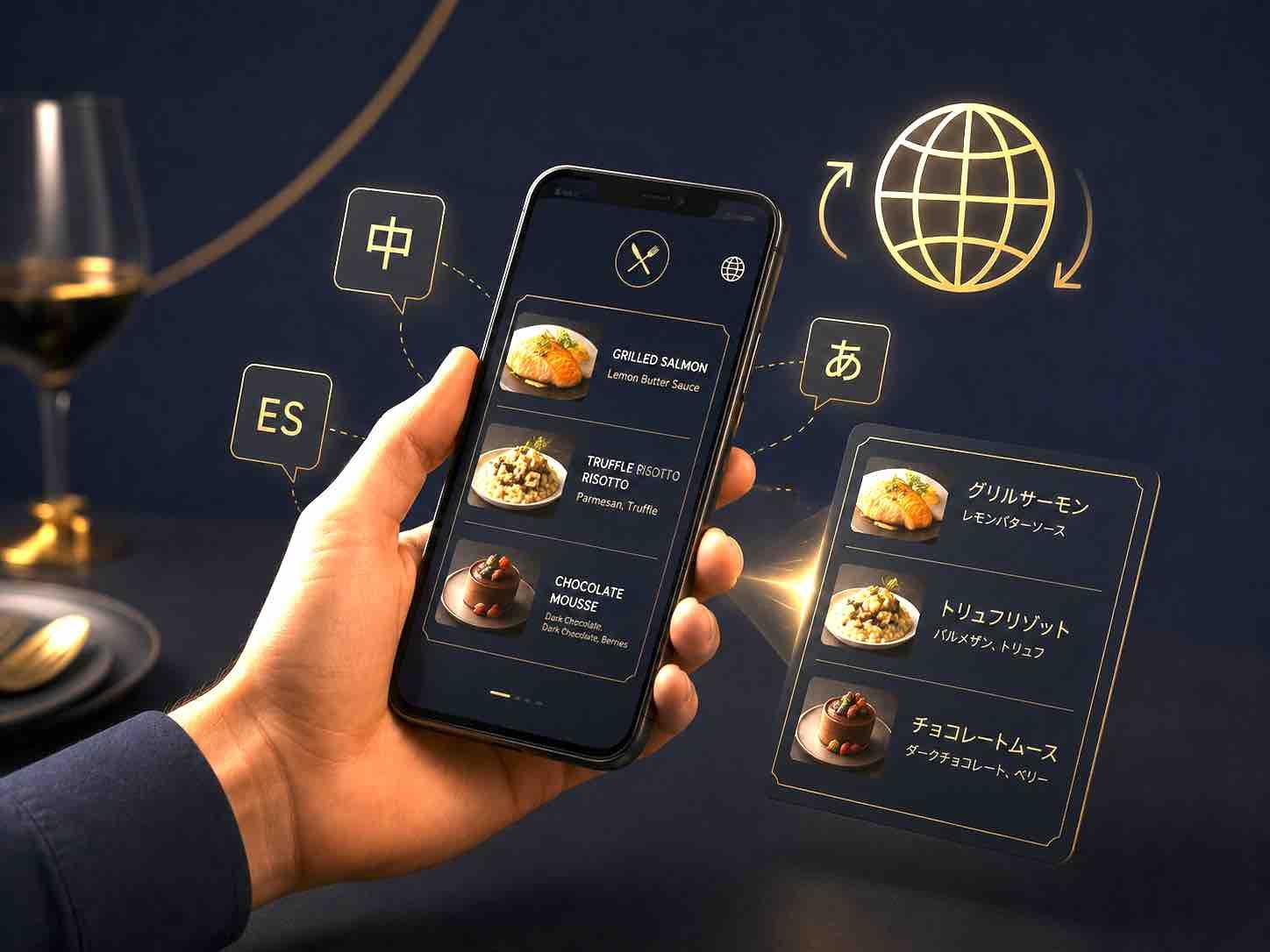 Hand holding a smartphone with a food menu app and floating language icons on a dark background