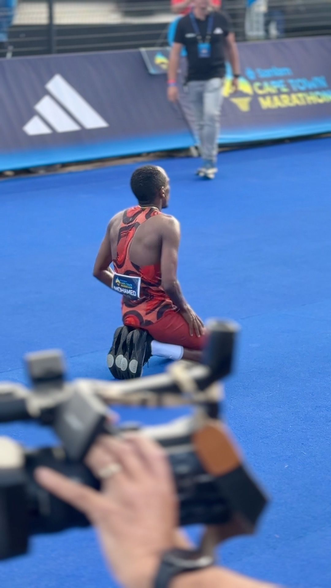 Sanlam Cape Town Marathon 2026 men’s winner Mohamed Esa at Cape Town Stadium