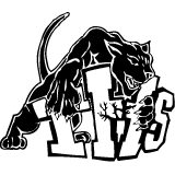 A black and white drawing of a panther jumping over the word us.