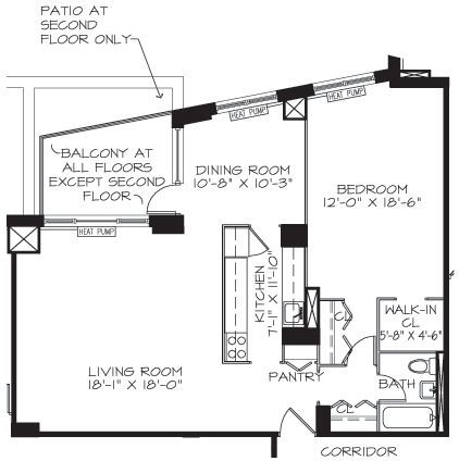 A black and white floor plan of a house with a balcony at the second floor.