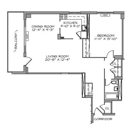A black and white floor plan of a small apartment with a balcony.