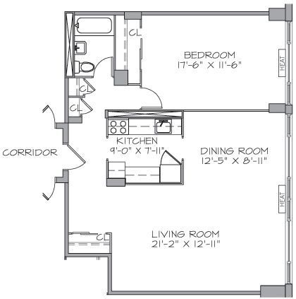 A black and white floor plan of a bedroom , dining room , and living room.