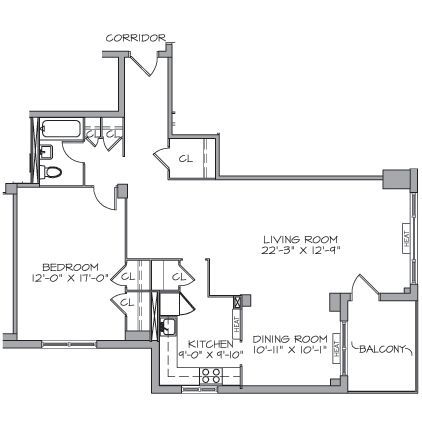 A floor plan of a house with a bedroom , living room , dining room , and balcony.