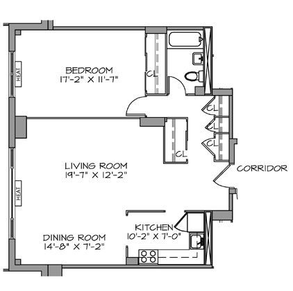 A black and white floor plan of a bedroom , living room , dining room and kitchen.
