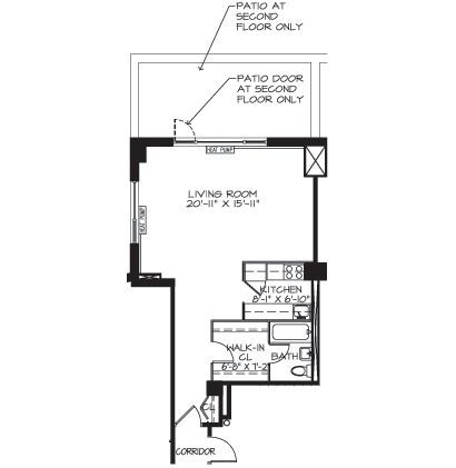 A black and white floor plan of a house with a patio at second floor only.