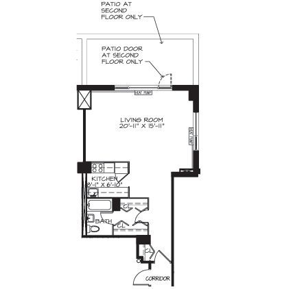 A black and white floor plan of a house with a patio door at second floor only.