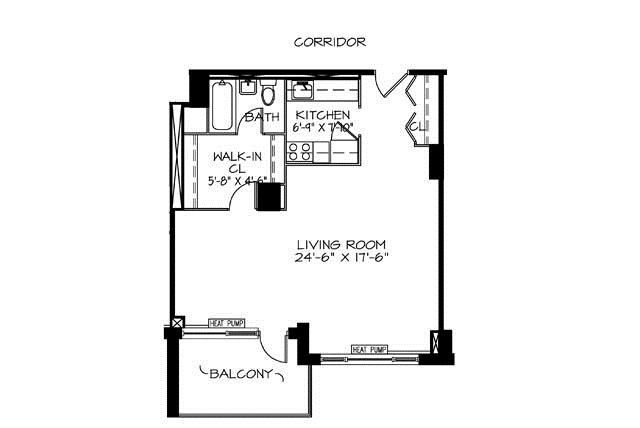 A black and white floor plan of a living room with a balcony