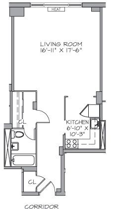 A black and white floor plan of a living room , kitchen , and corridor.