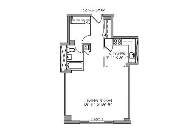 A black and white floor plan of a living room and kitchen