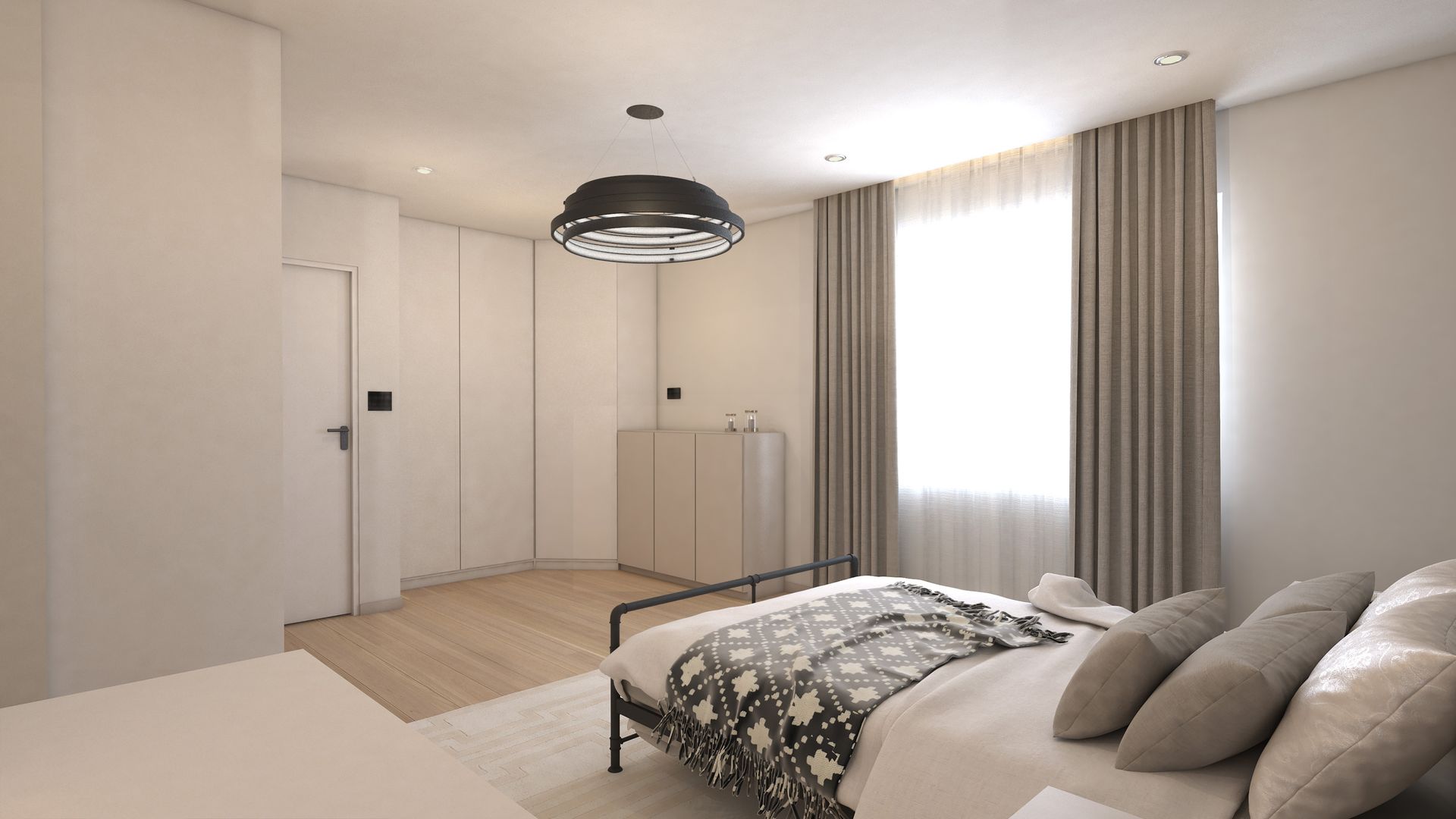 Calm master bedroom with full‑height wardrobes, and contemporary circular ceiling light in soft neutral scheme.
