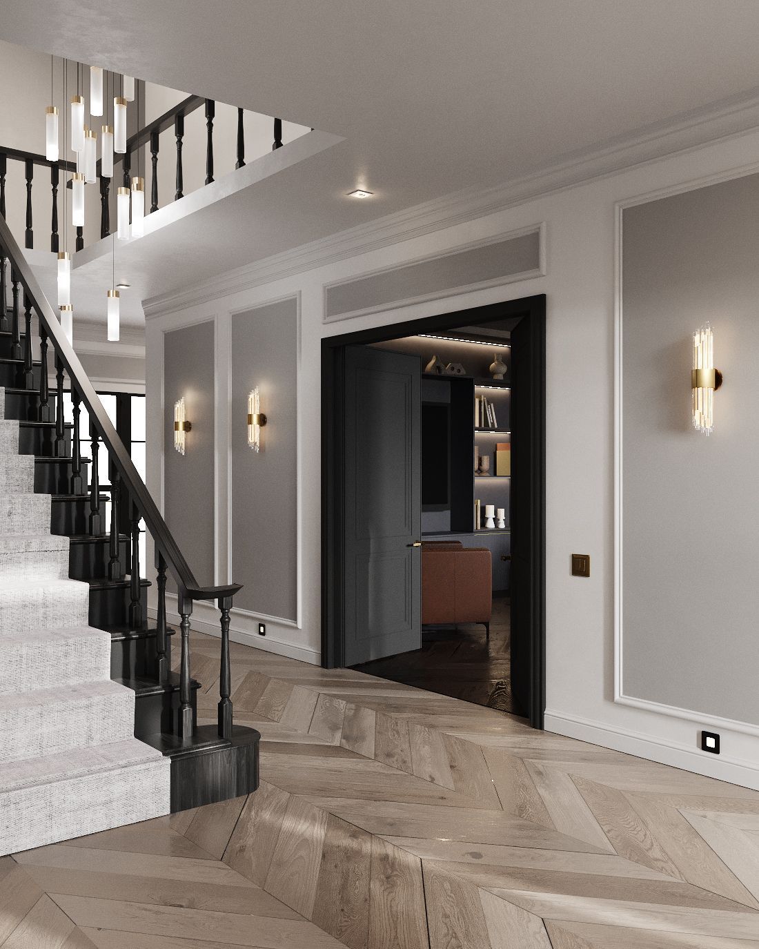 Hallway view showing chevron floor, panelled walls, staircase and doorway leading to snug with dark joinery and armchair