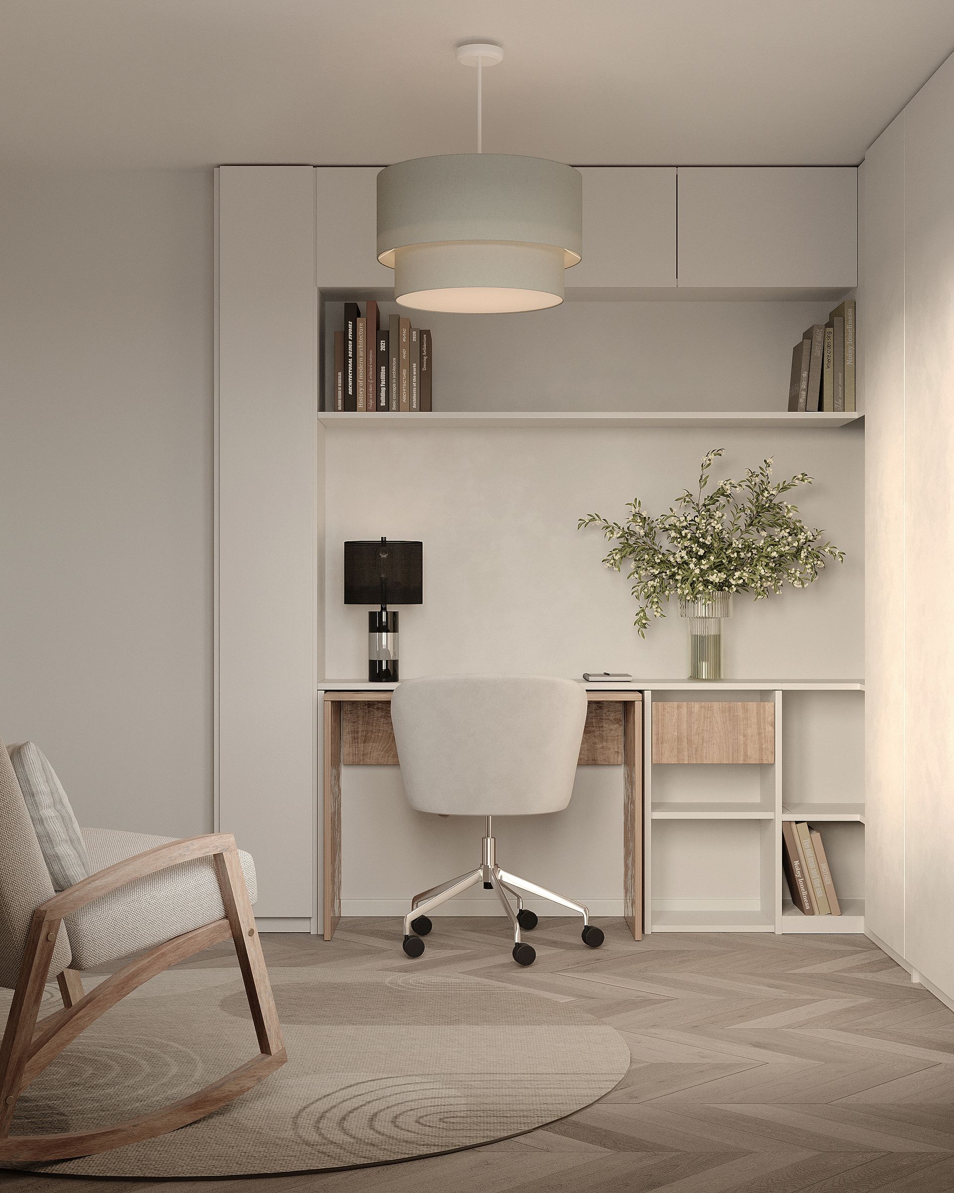 Built‑in home office with slim desk, shelving, overhead cupboards and neutral swivel chair in multi‑purpose guest bedroom.