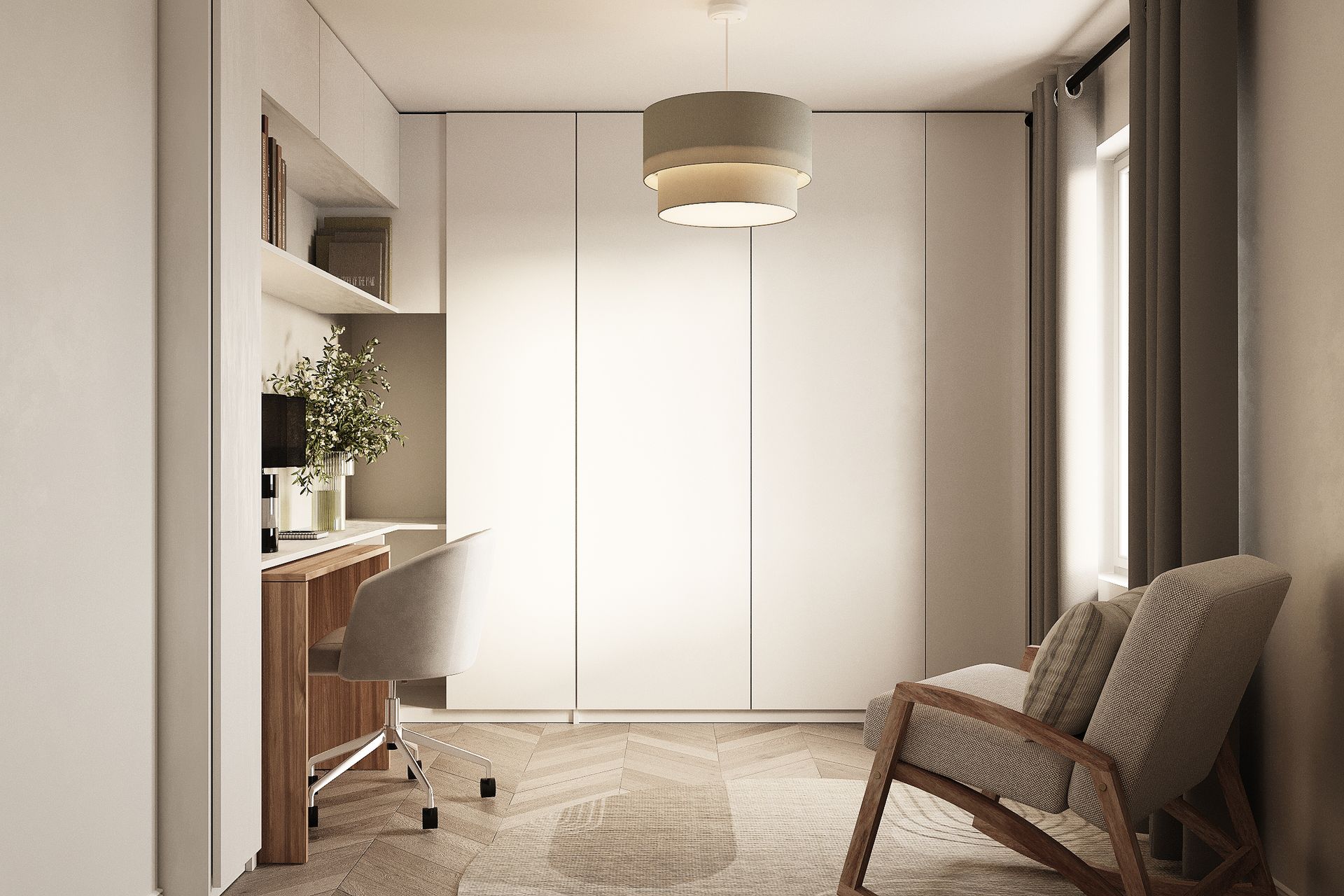 Guest bedroom and office with full‑height wardrobes, compact desk area and upholstered rocking chair in soft neutral palette.