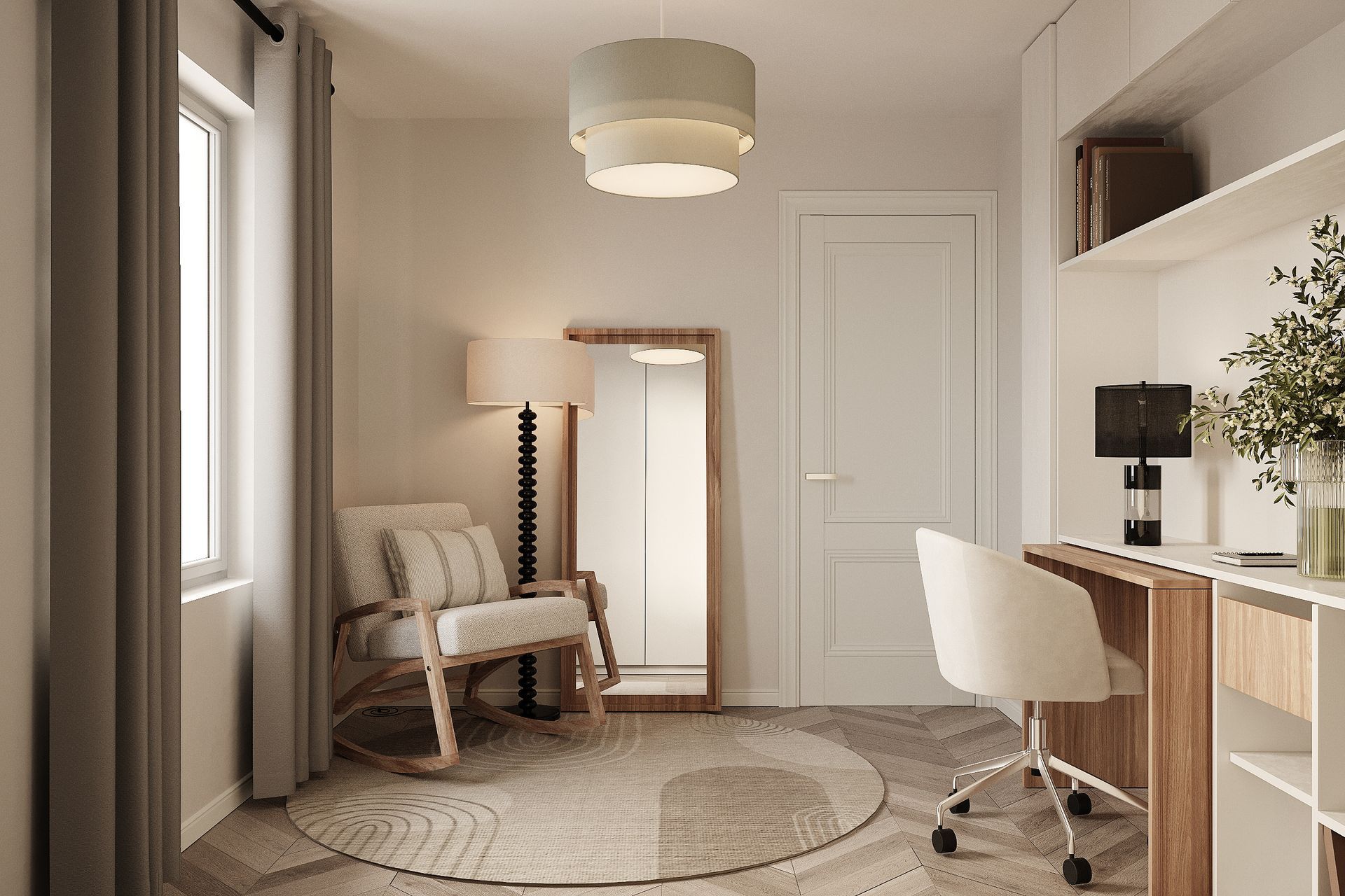Reading corner with rocking chair, floor lamp and full‑length mirror beside built‑in desk in multi‑functional guest bedroom