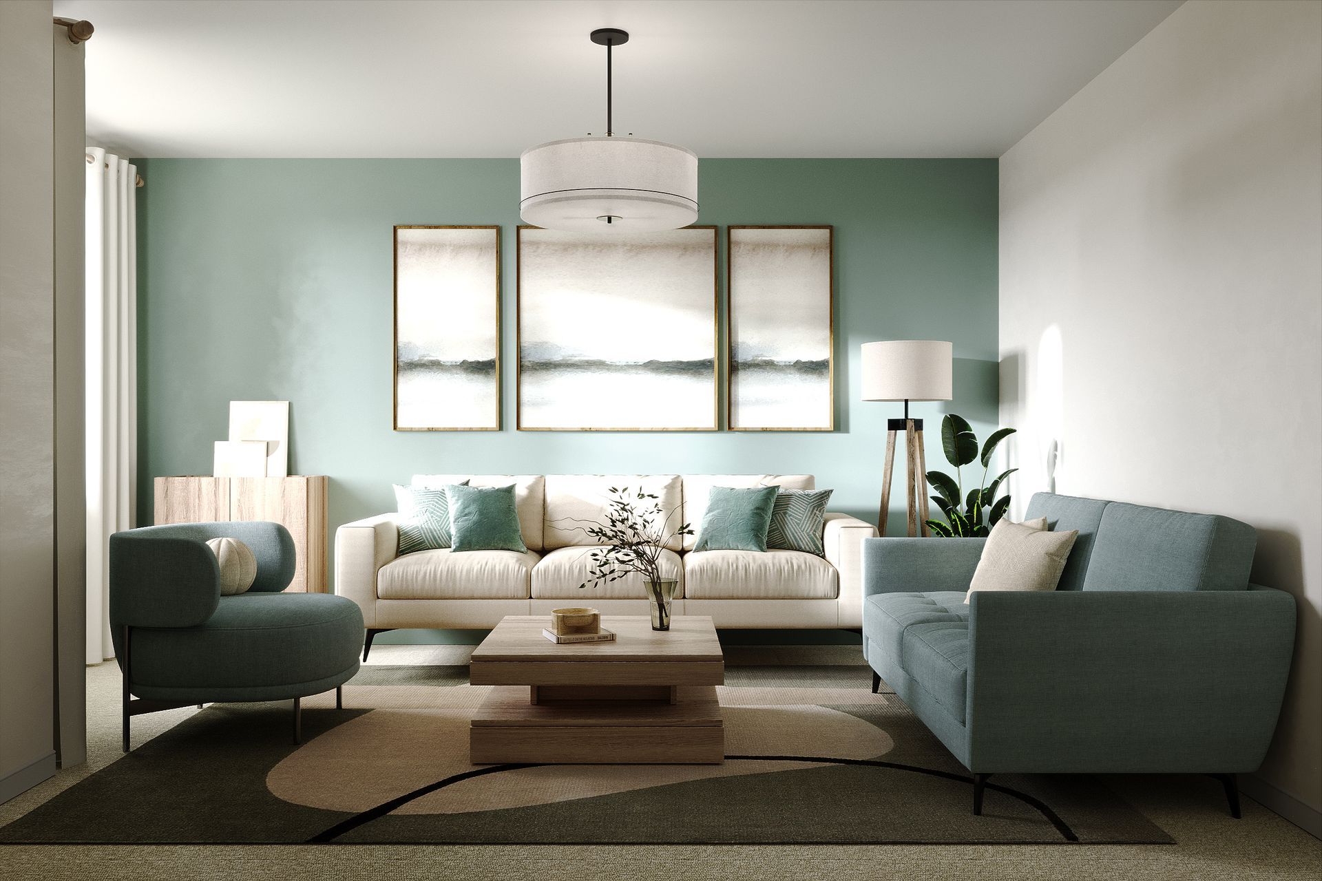 Sage green and neutral living room with cream sofa, teal sofa and curved accent chair around layered wood coffee table.