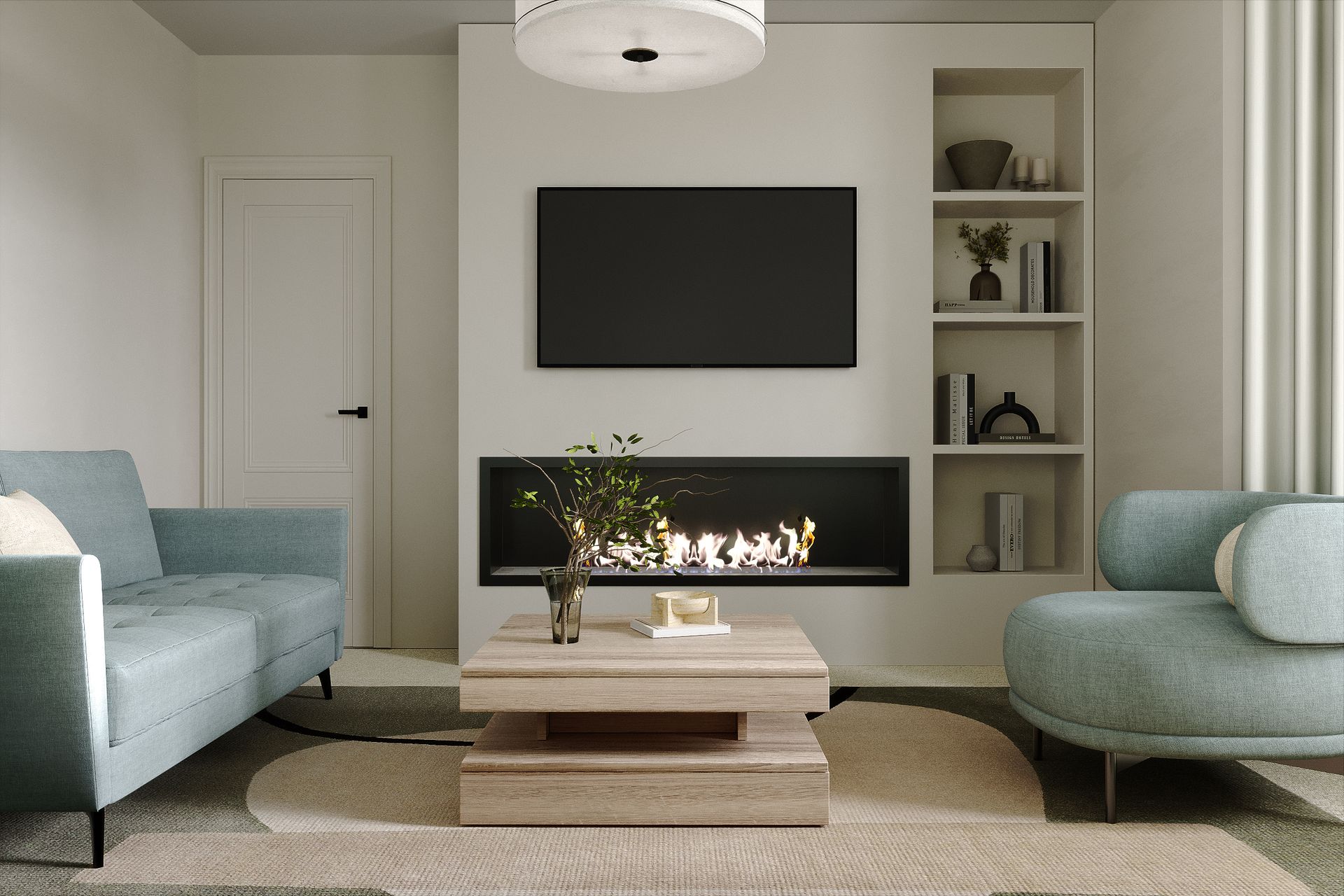 Living room with bespoke TV wall, modern linear fireplace, open shelving and twin sofas in soft green and neutral tones.
