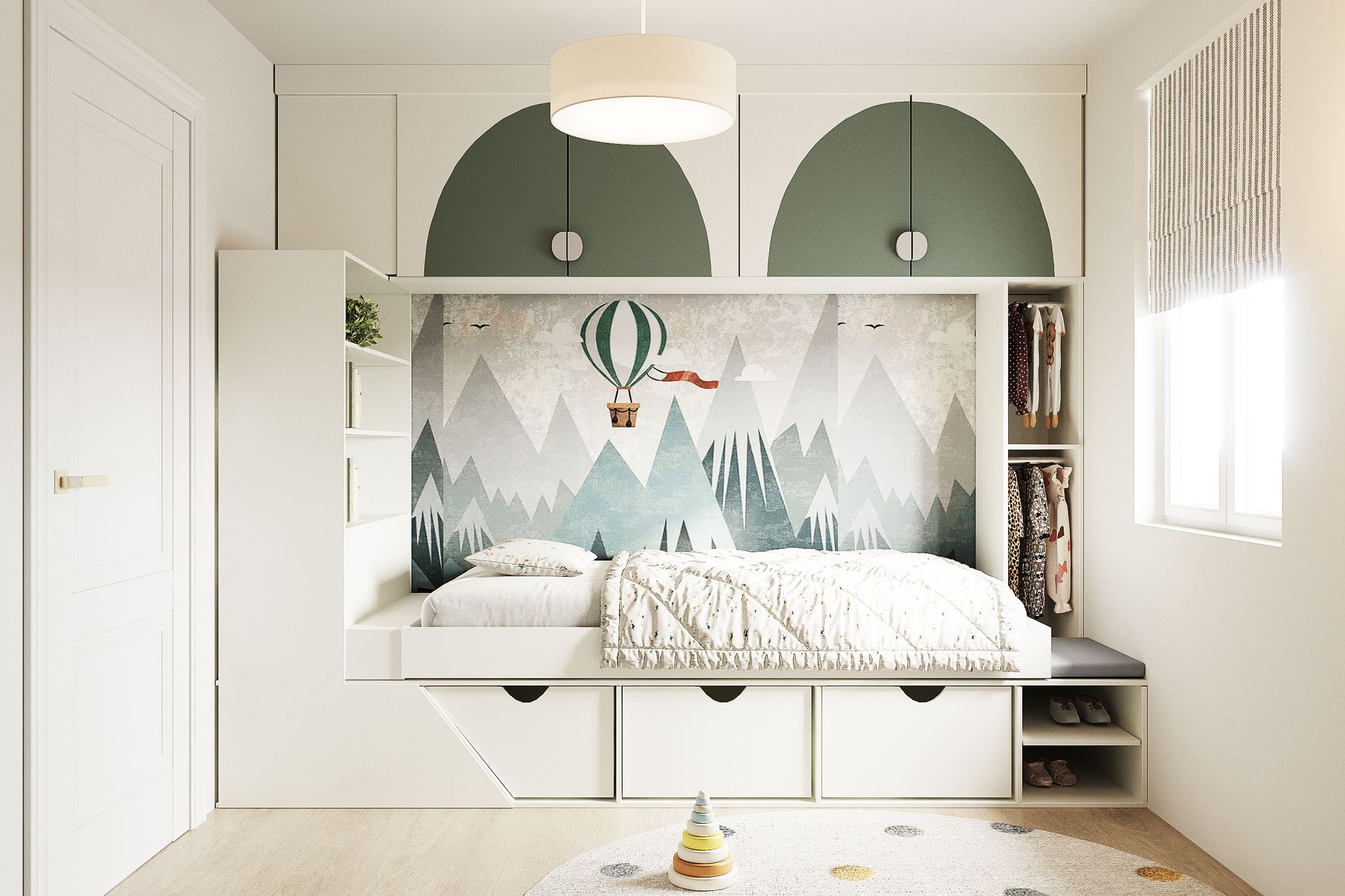 Built‑in child’s bed with mountain mural, green arch cupboards and under‑bed storage in compact nursery bedroom.