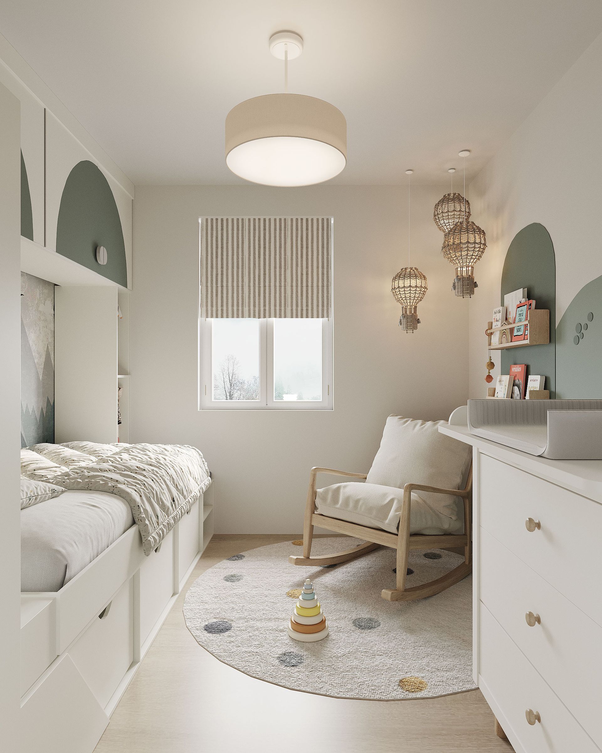 Nursery with built‑in bed, rocking chair, changing unit and round spot rug in soft neutral and sage green palette.