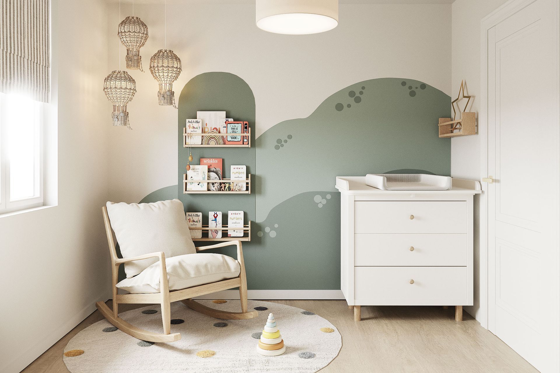 Nursery reading corner with rocking chair, hot‑air‑balloon pendant lights, book ledges and green mural feature wall.