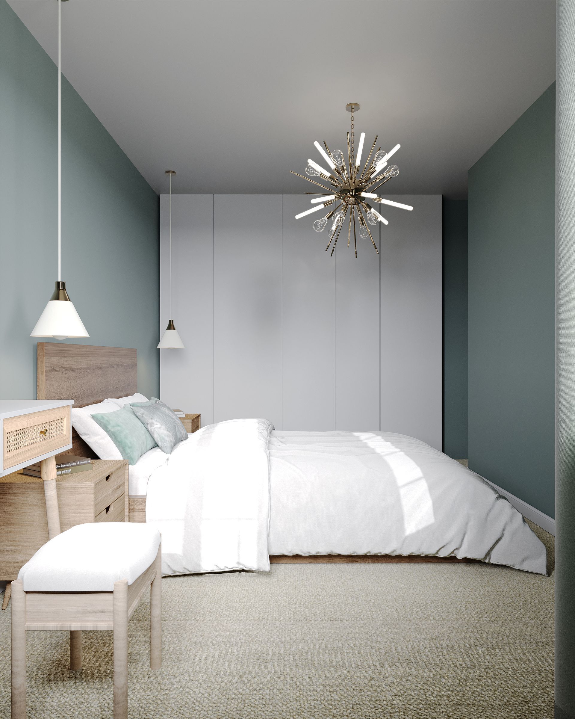 Master bedroom with full‑height white wardrobes, wood bed, bedside pendants and statement chandelier in soft green.