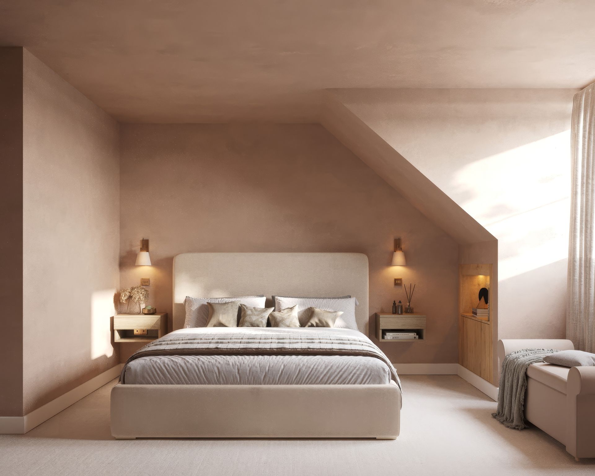 Spacious loft bedroom suite with earthy limewash walls, floating oak nightstands, and warm ambient lighting in Watford