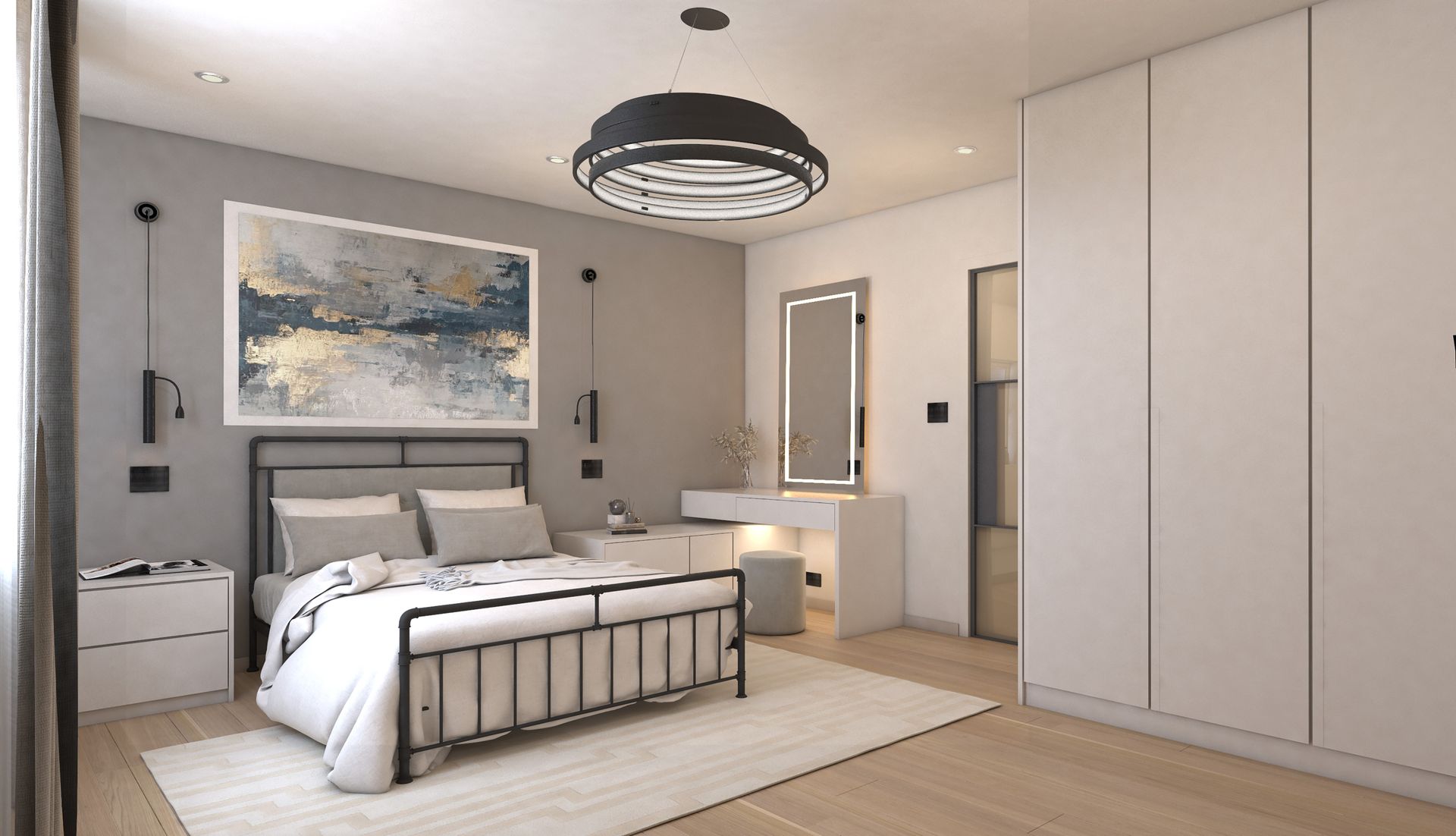 Modern master bedroom with metal frame bed, floating bedside tables and sleek dressing table in soft grey palette.