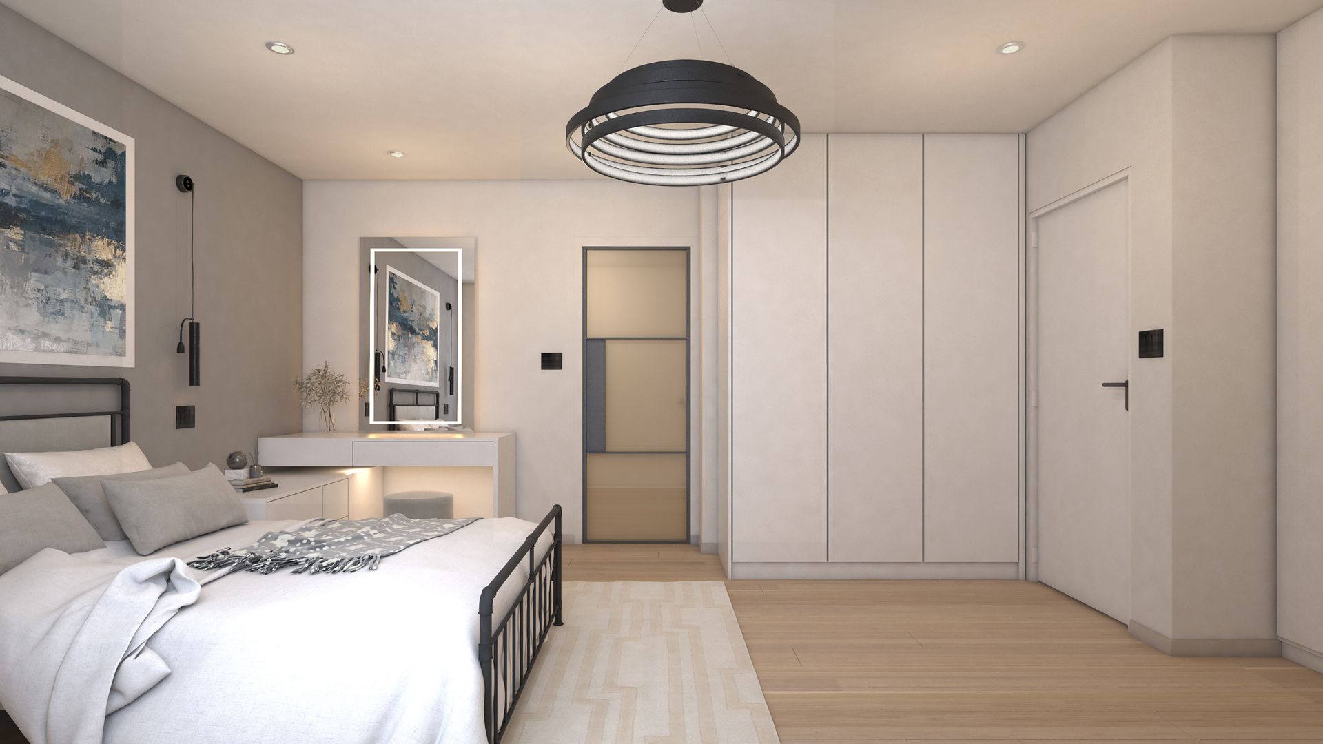 Master bedroom view towards dressing table, sliding door and full‑height wardrobes, in soft neutrals.