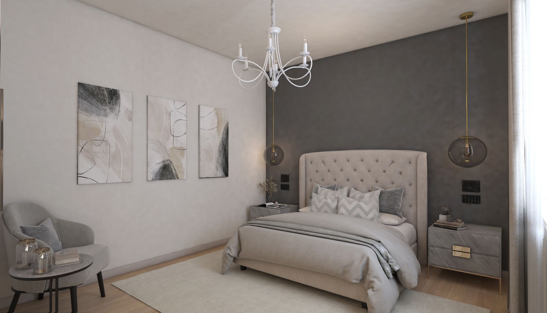 Neutral bedroom with headboard, abstract artwork, smoked glass pendants and layered bedding creating a calm, moody feel.
