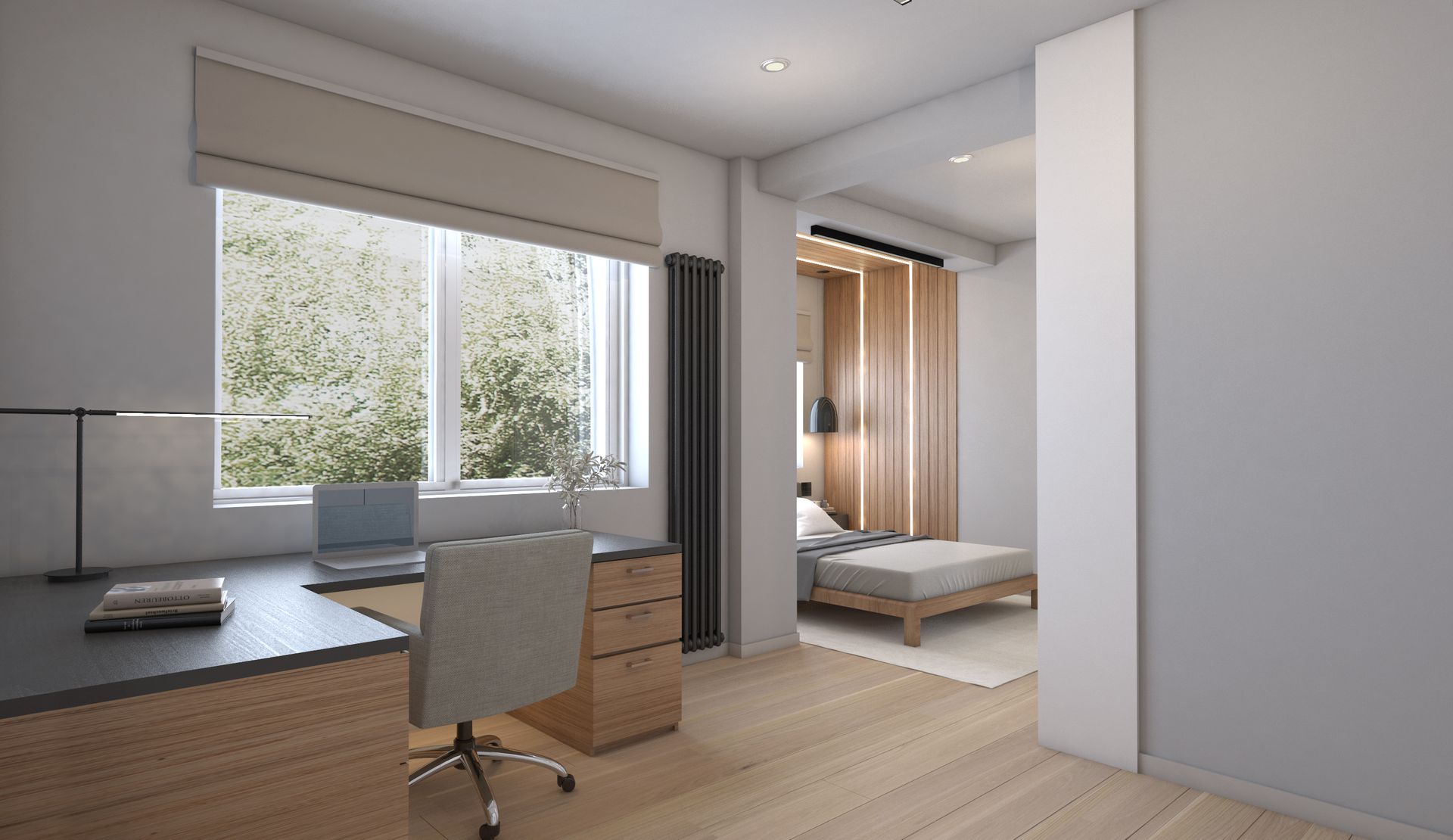Japandi‑inspired boy’s bedroom with built‑in timber desk, large window and recessed bed zone with vertical wood panelling.