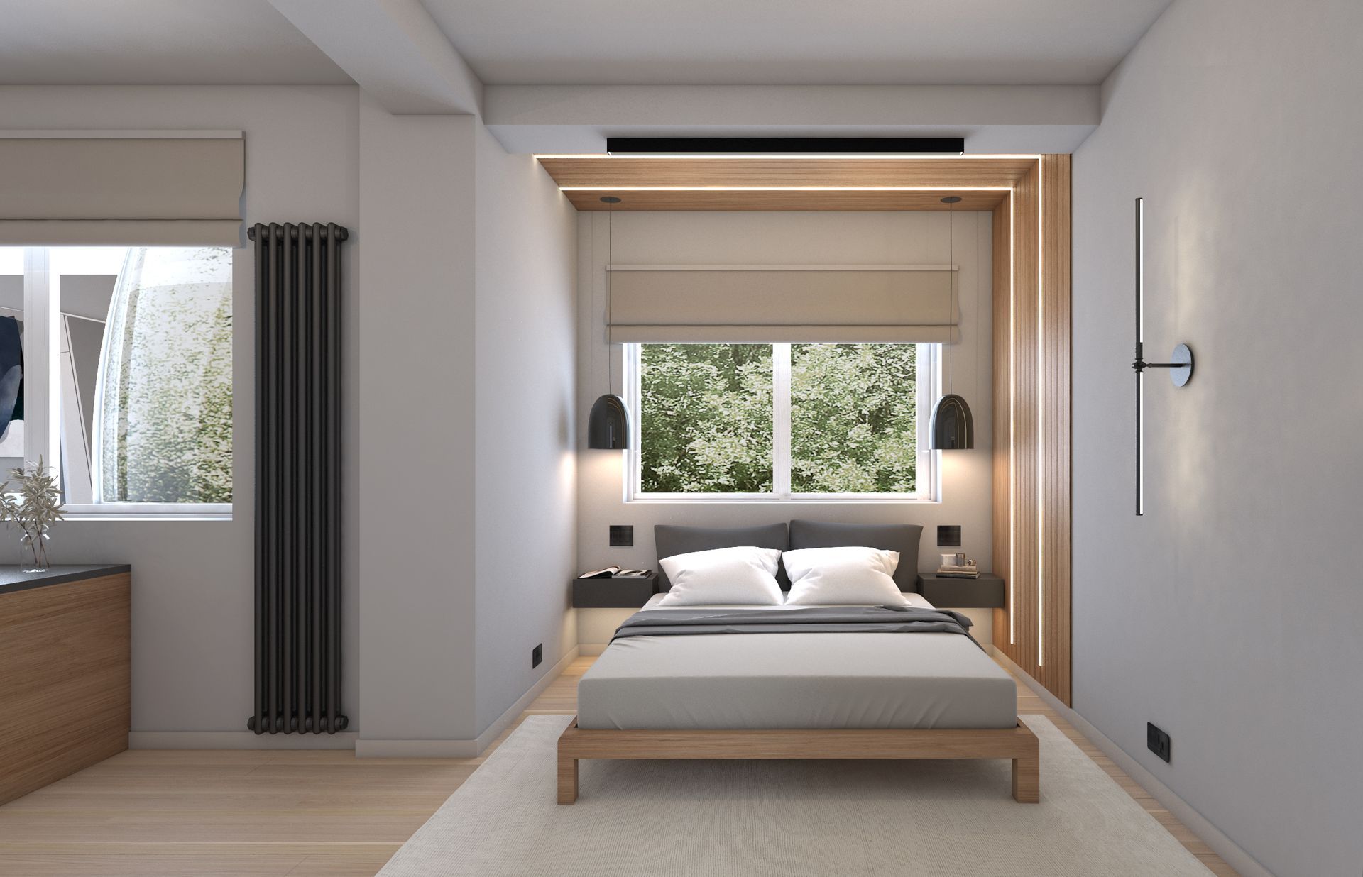 Japandi boy’s bedroom with low bed, integrated wood canopy, black bedside pendants and large window framing greenery outside.