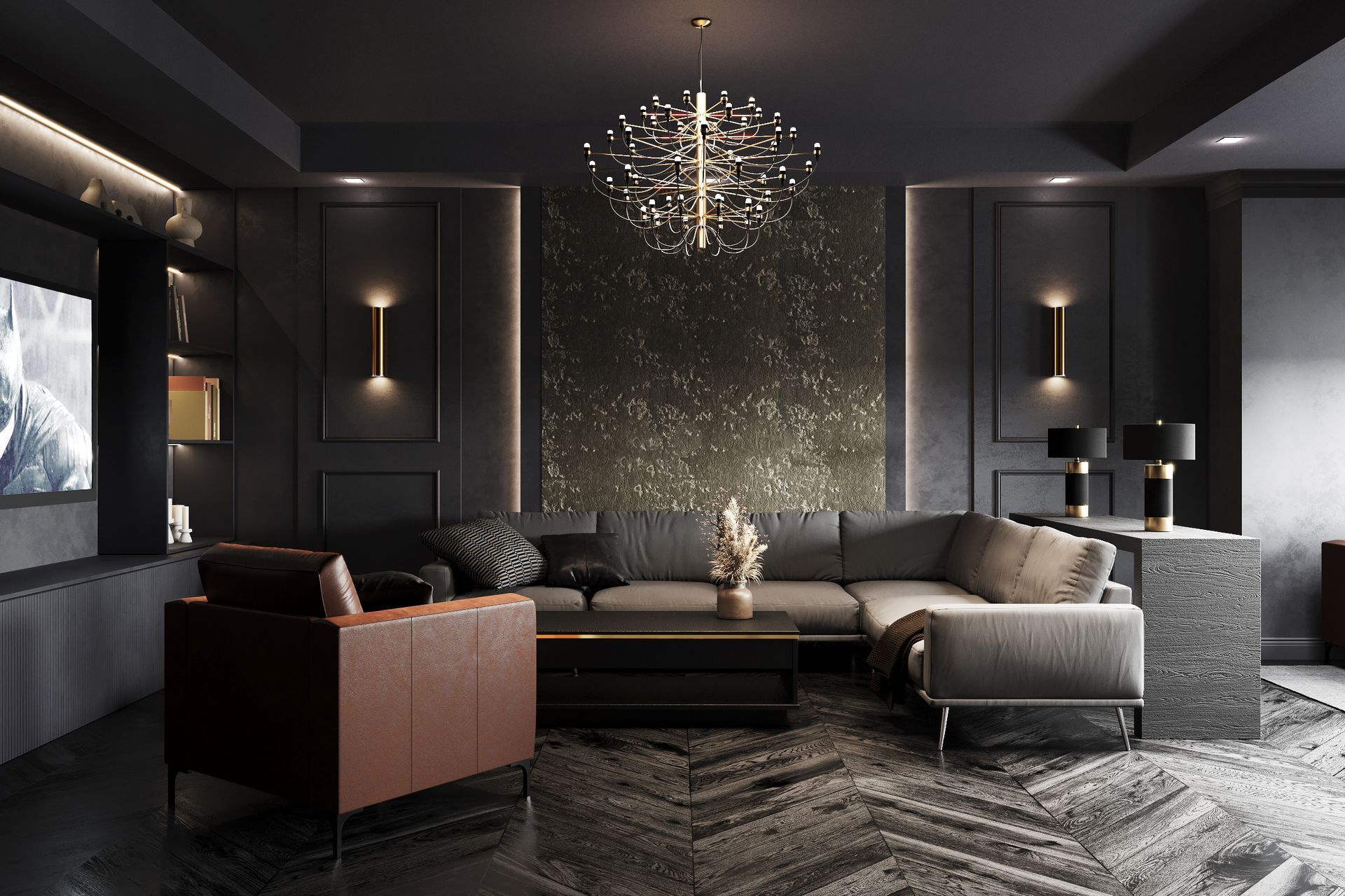 Dark lounge with corner sofa, tan leather armchair, textured feature wall and statement chandelier over black coffee table