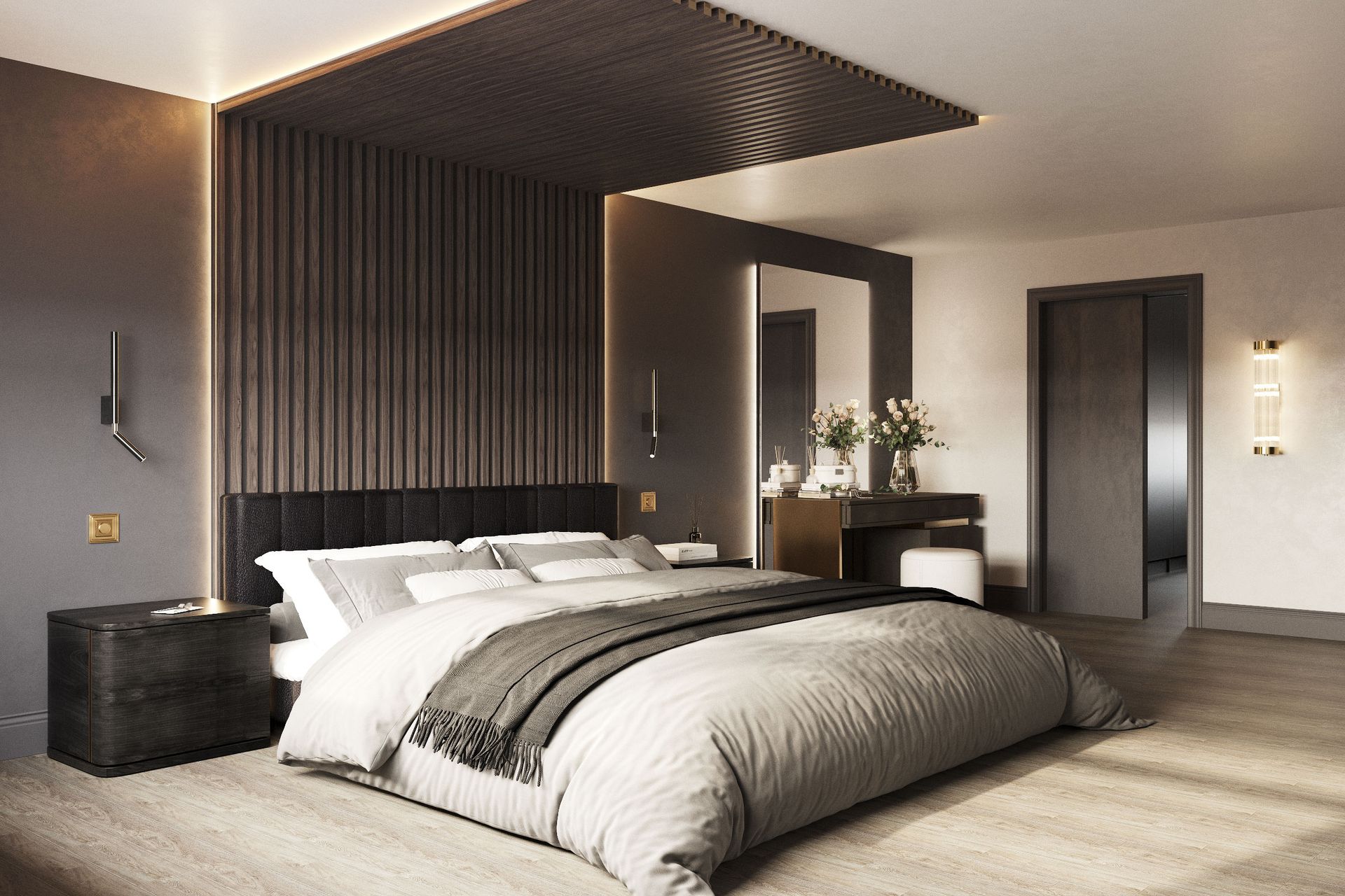 Luxury master bedroom with panelled headboard and ceiling canopy, upholstered bed and dressing table with backlit mirror.
