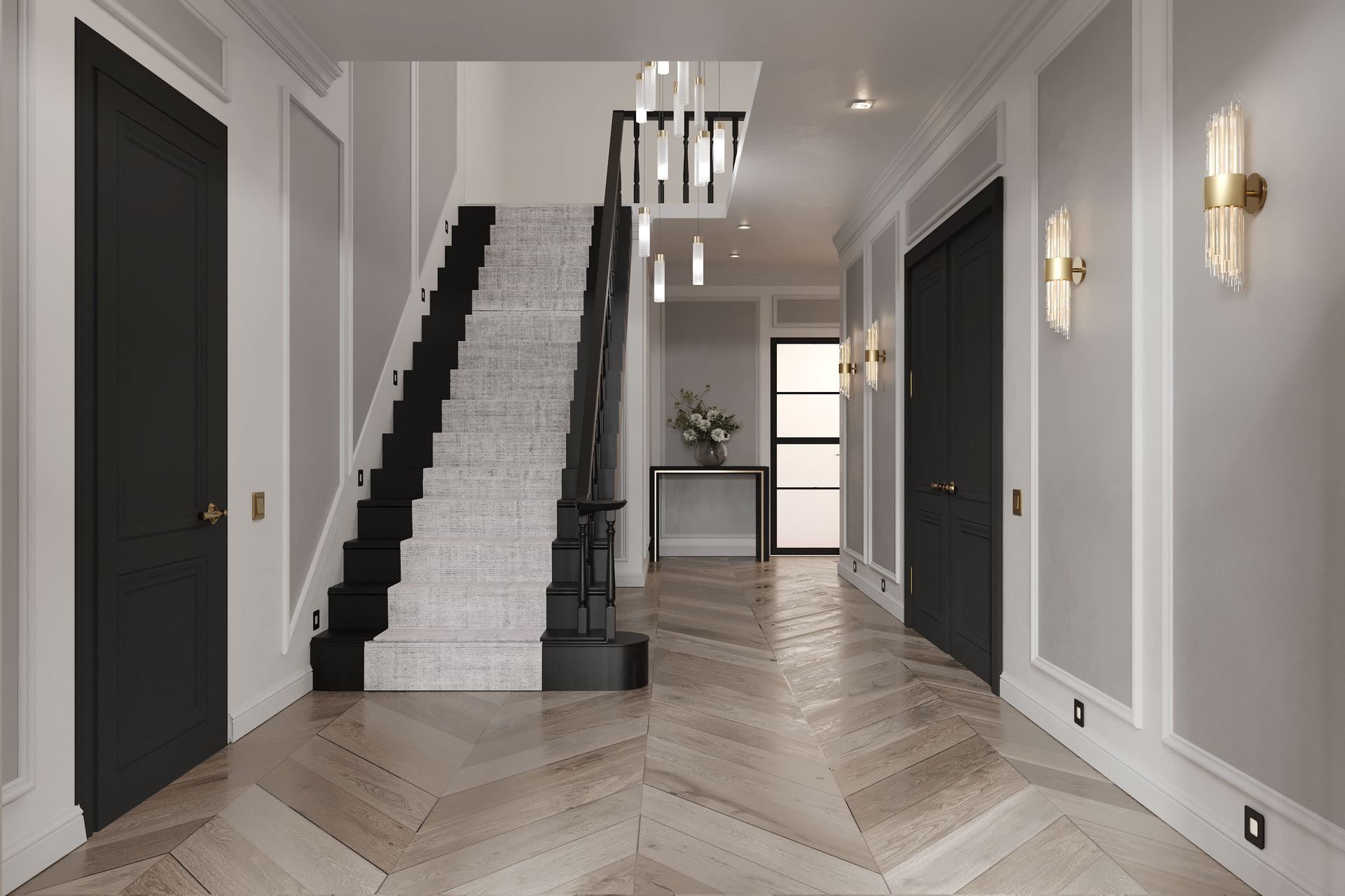 Grand hallway with chevron wood flooring, panelled walls, black staircase and brass wall lights in Hemel Hempstead new build