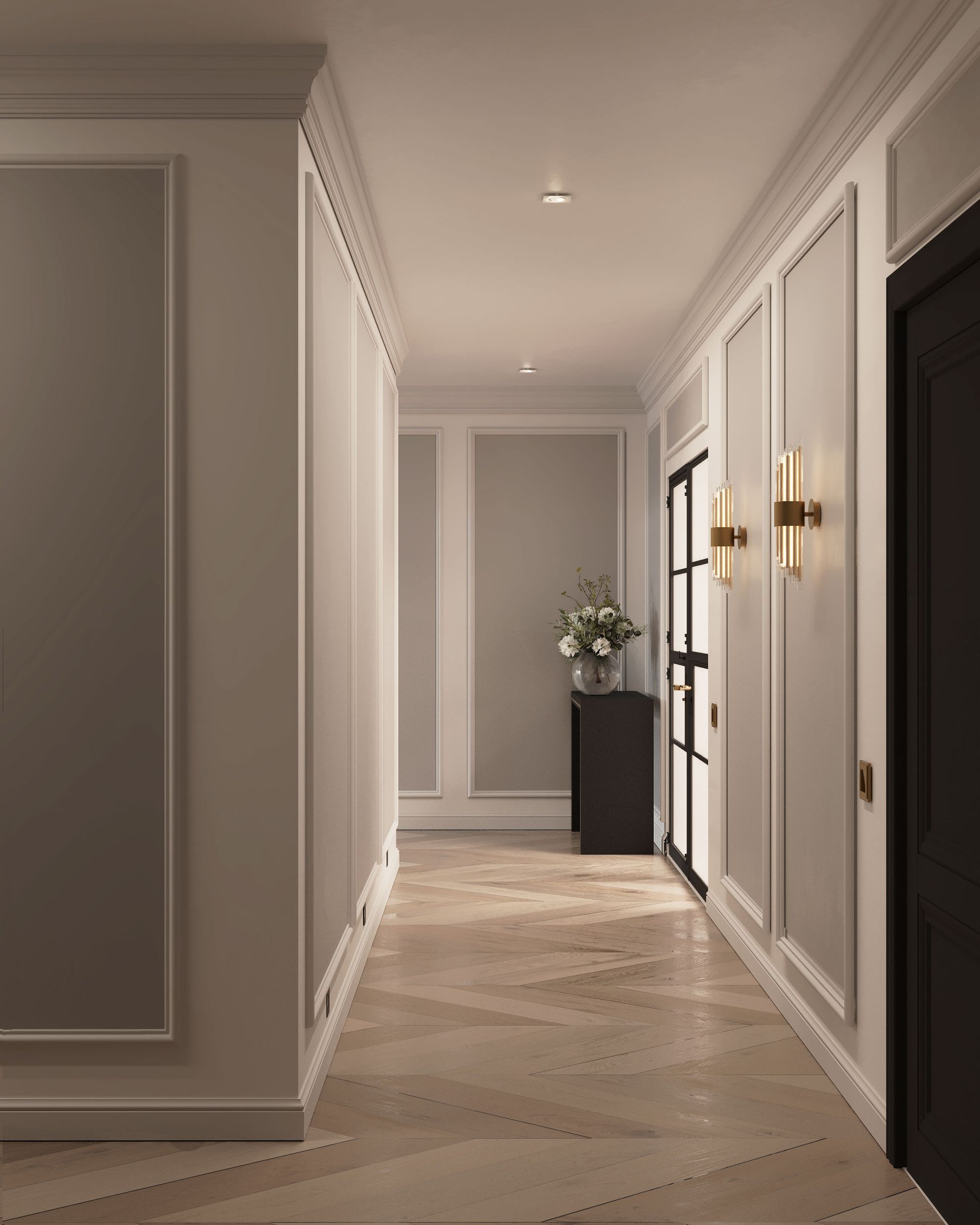Long panelled hallway with chevron flooring, brass wall lights and console table at the end in softly lit neutral scheme