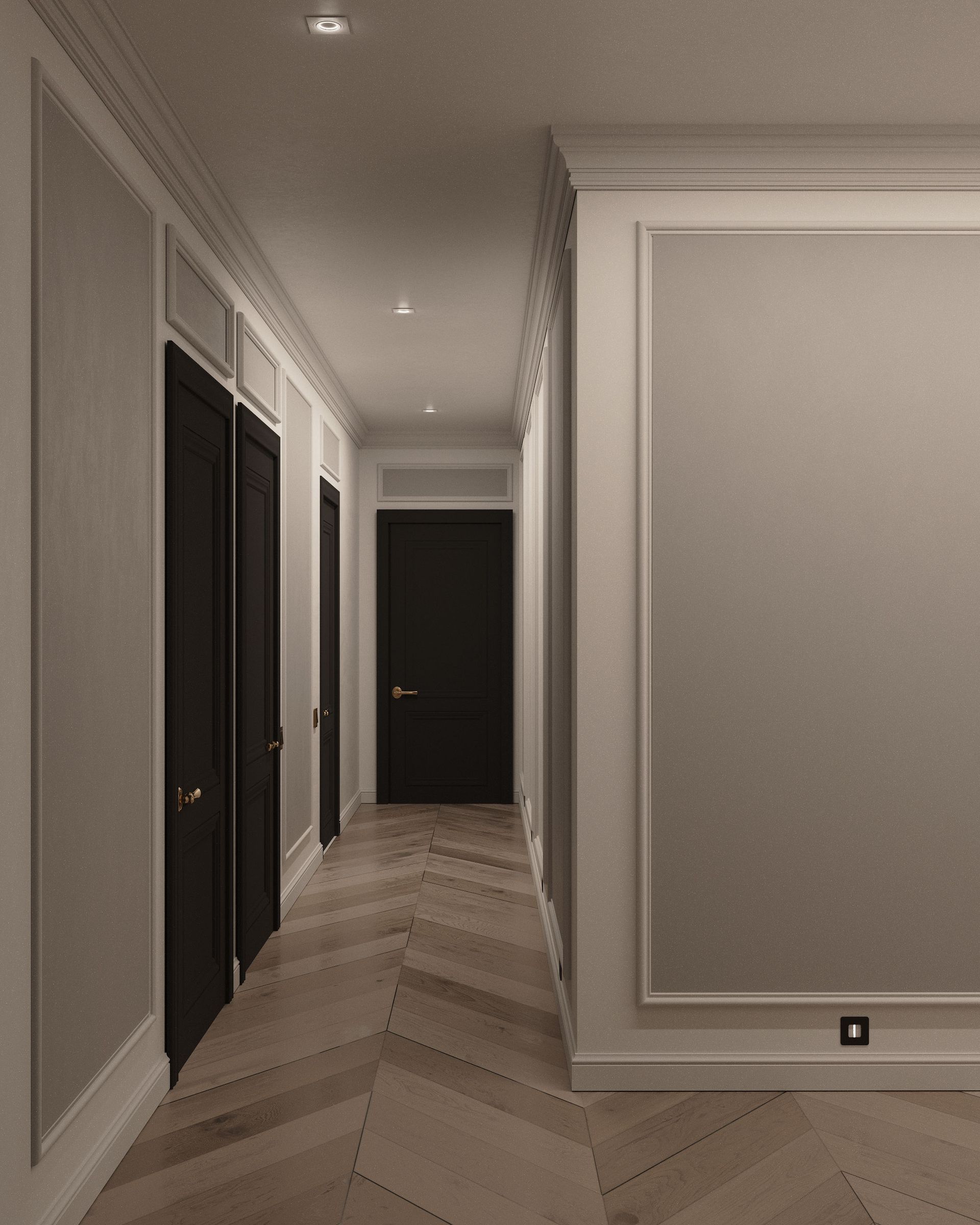 Long panelled hallway with chevron wood flooring and black doors with brass hardware in softly lit Hemel Hempstead new build