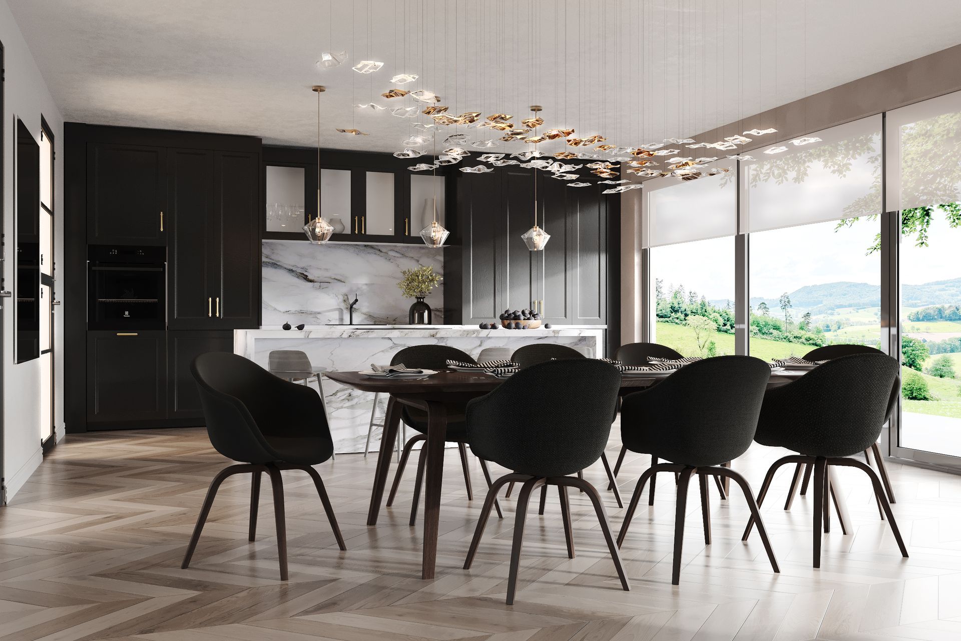 Open‑plan kitchen and dining area with marble island, dark cabinetry, large dining table and sculptural pendant installation