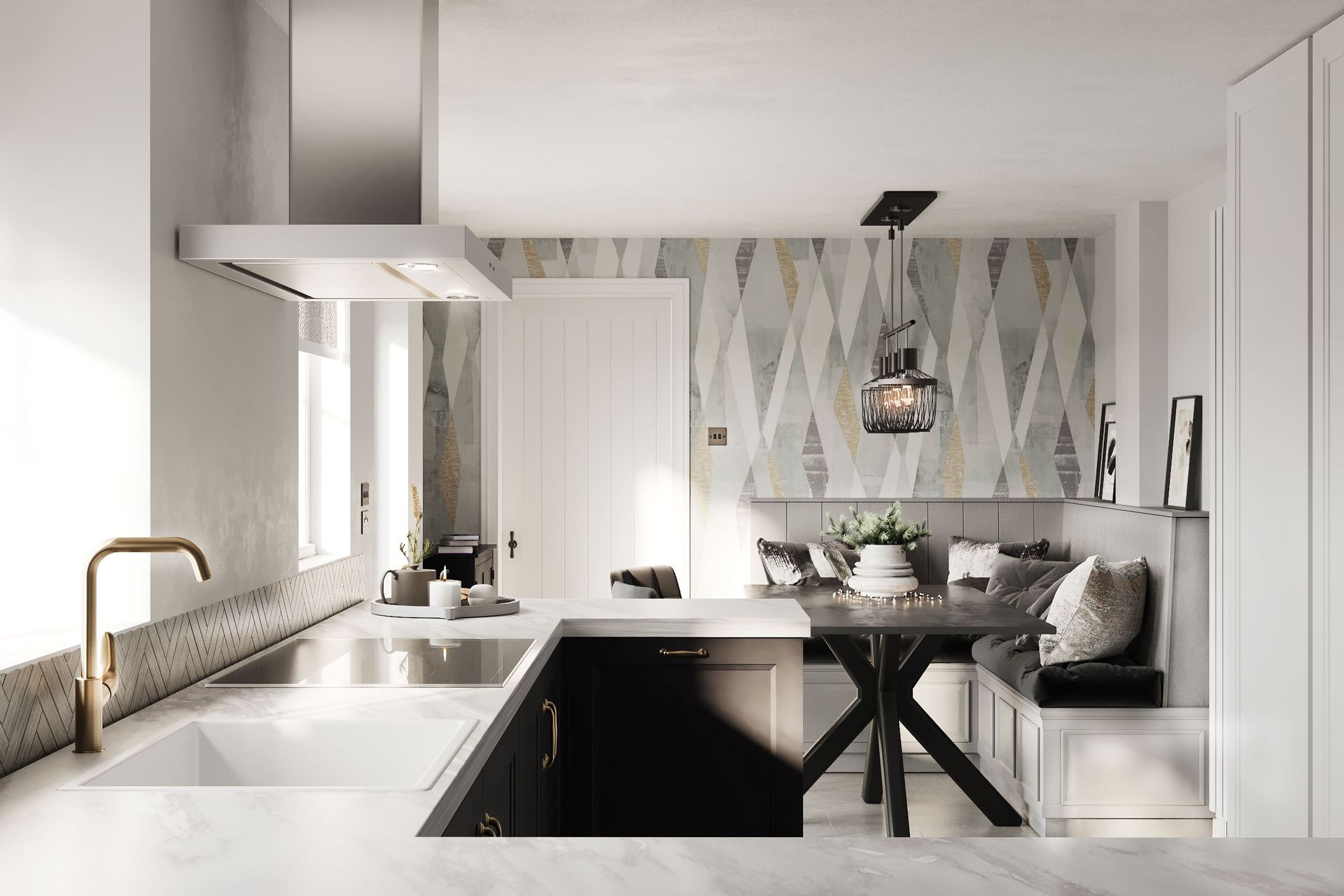 Open‑plan kitchen with white worktops, black cabinetry and built‑in corner dining bench with feature wallpaper