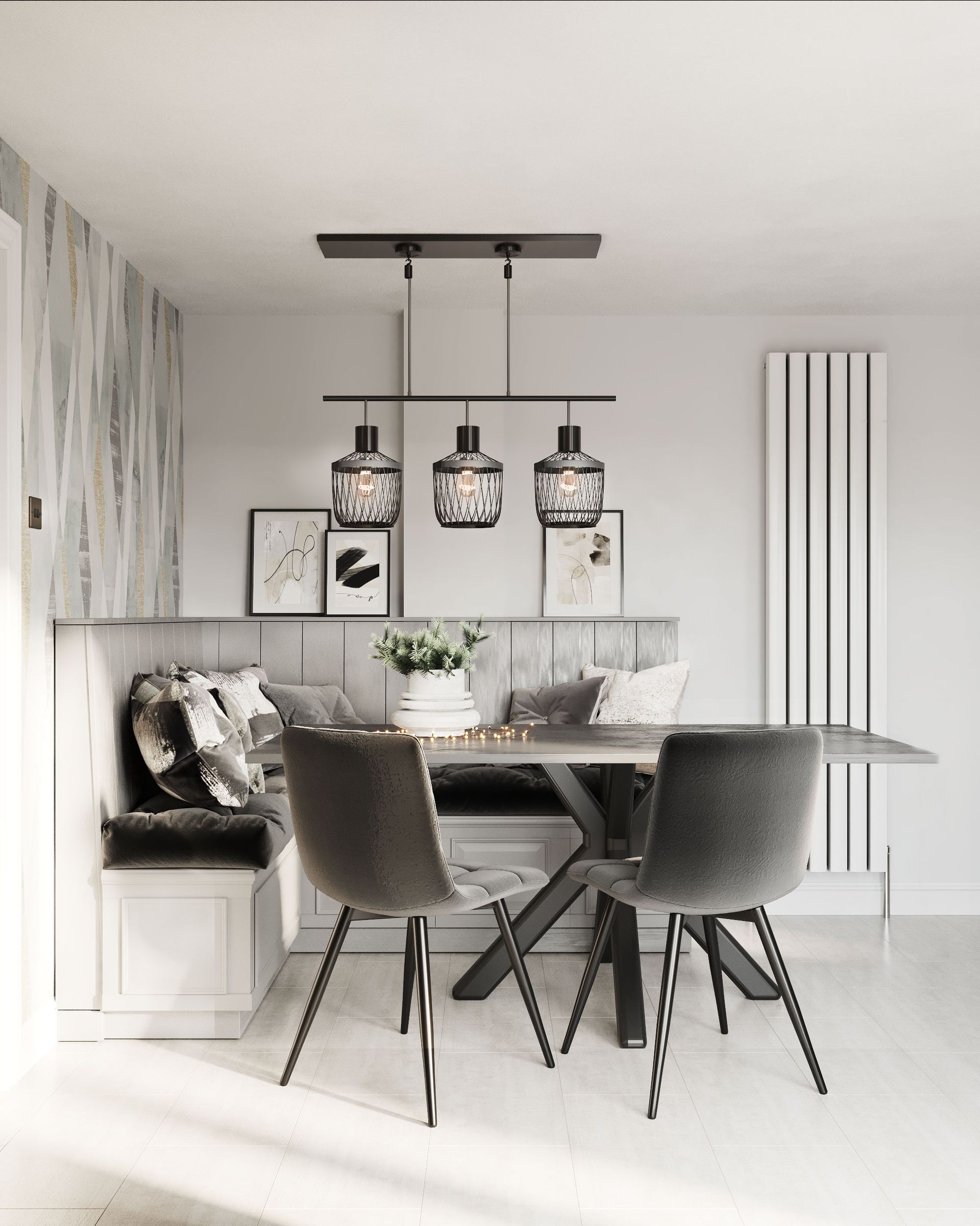 Kitchen and dining nook with corner bench, shaker cabinets and warm wood accents