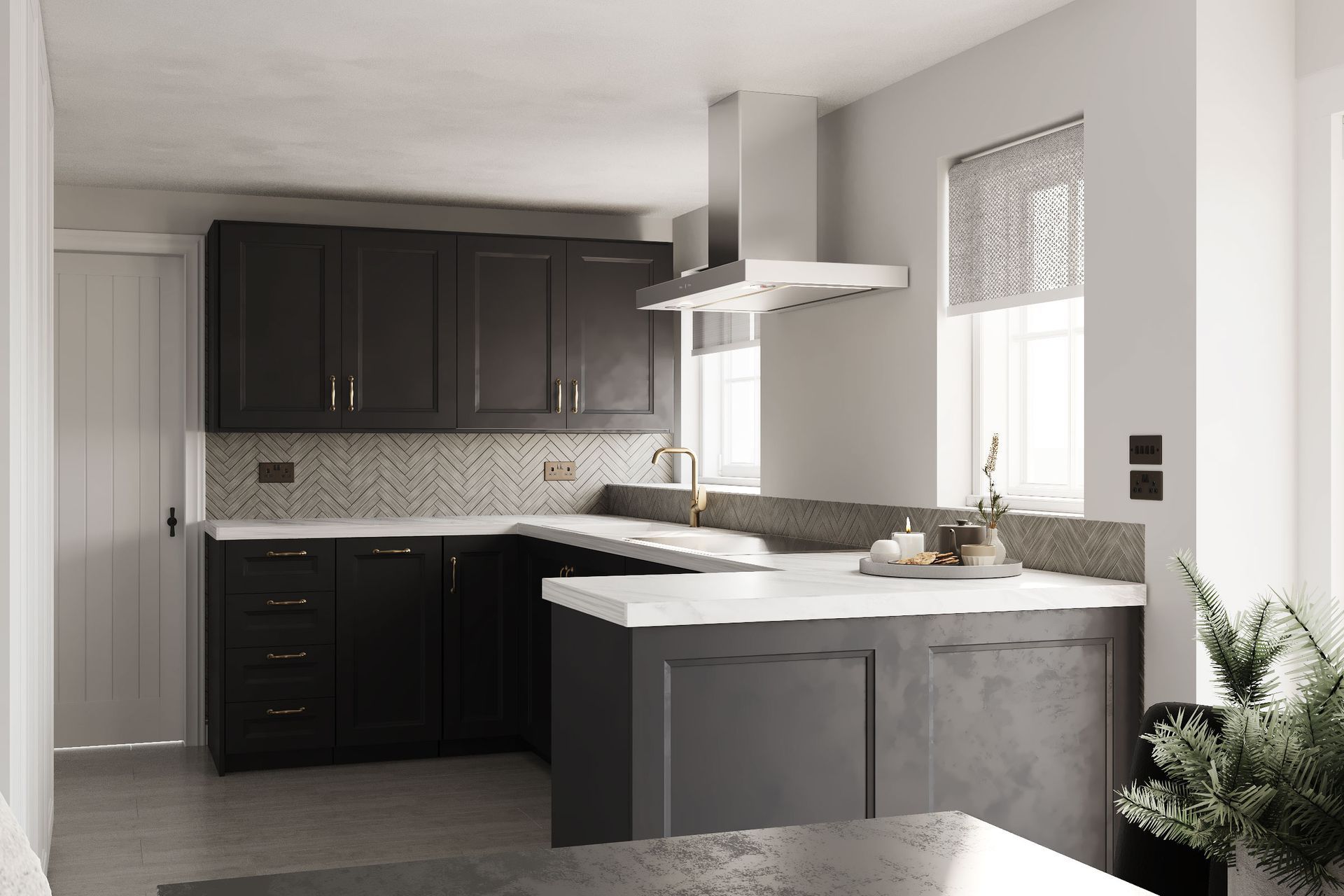 Kitchen render showing dining corner with built‑in bench seating and round table beside shaker cabinetry