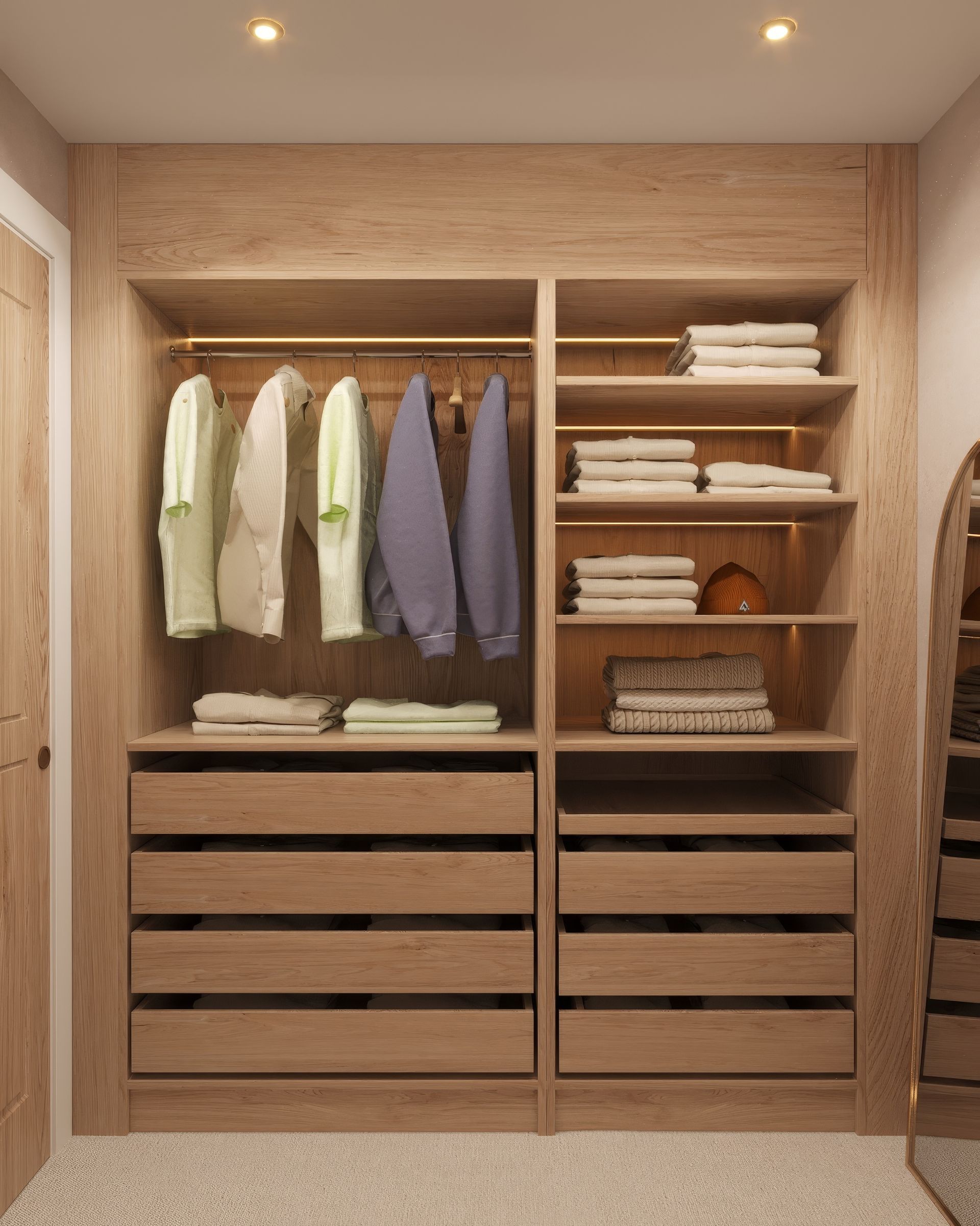 Close-up of oak wardrobe door with integrated circular handle — part of Elisa Design’s Watford bespoke joinery project.