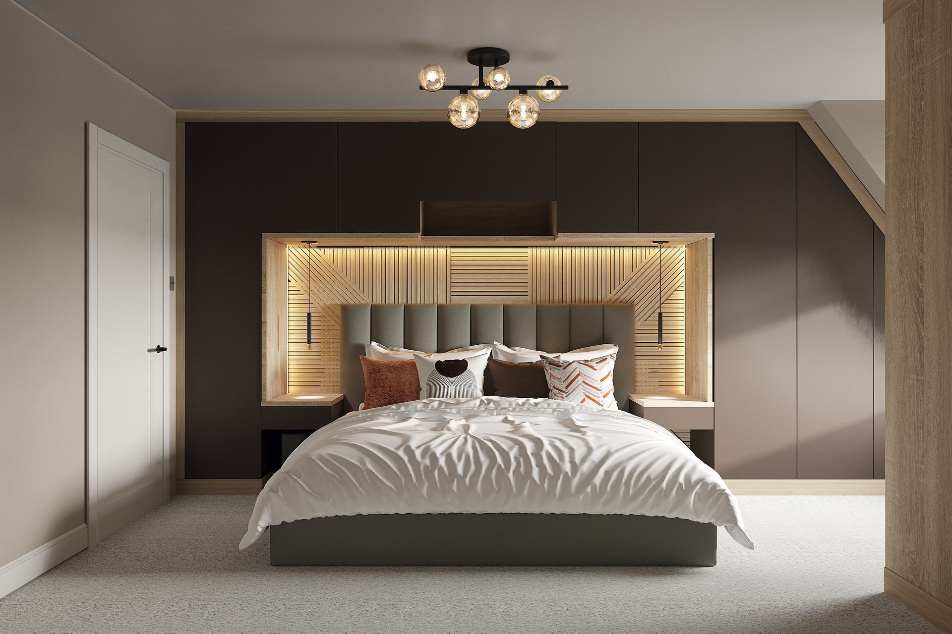 Luxury master bedroom in Welwyn featuring bespoke illuminated headboard with geometric wood panelling, and statement lighting