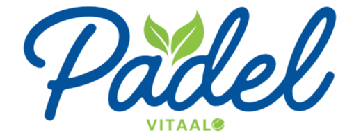 Blauw "Padel"-logo met groene bladeren en de tekst "Vitaal" eronder.