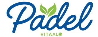 Blauw "Padel"-logo met groene bladeren en de tekst "Vitaal" eronder.