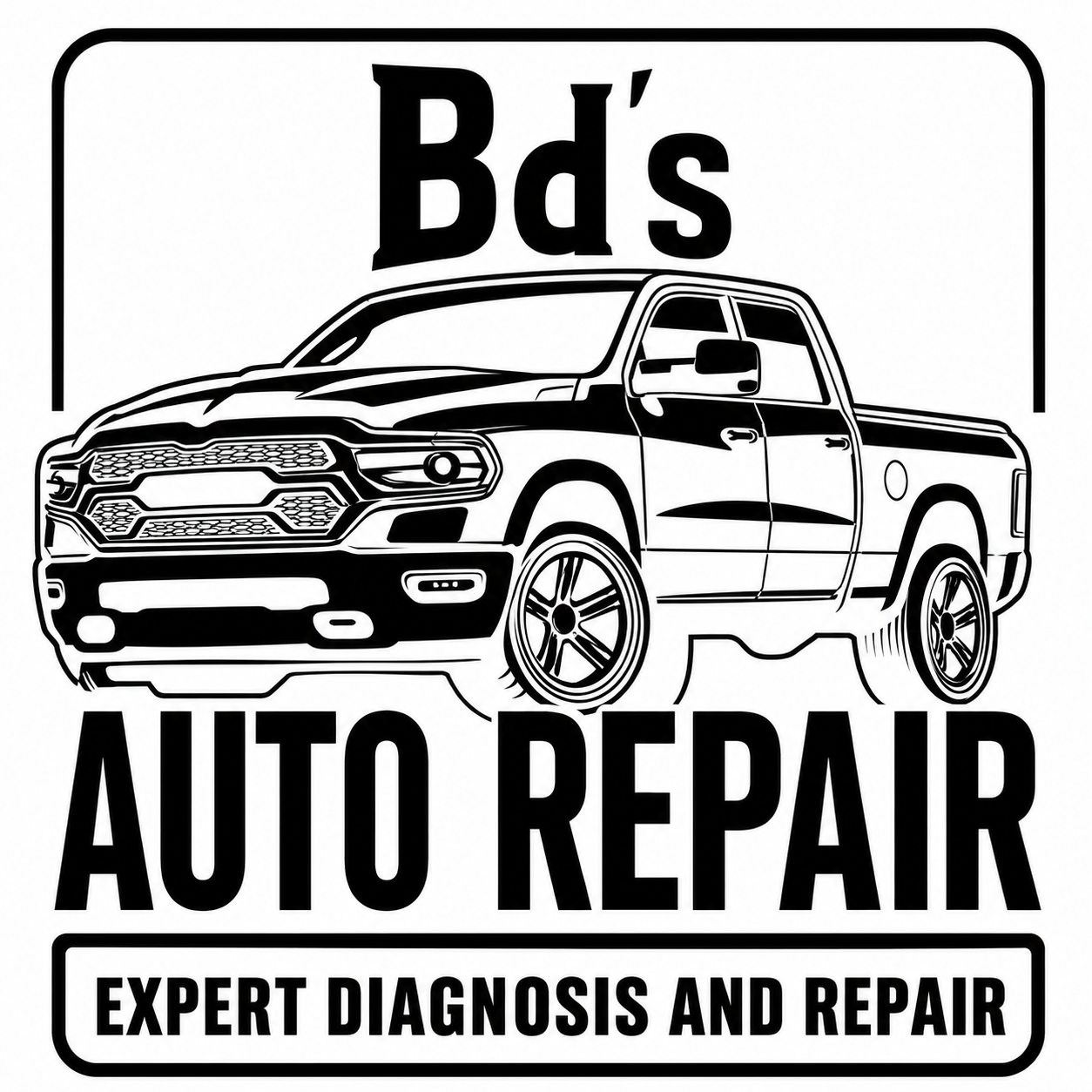 BD's Auto Repair logo with a white pickup truck on a red and black emblem