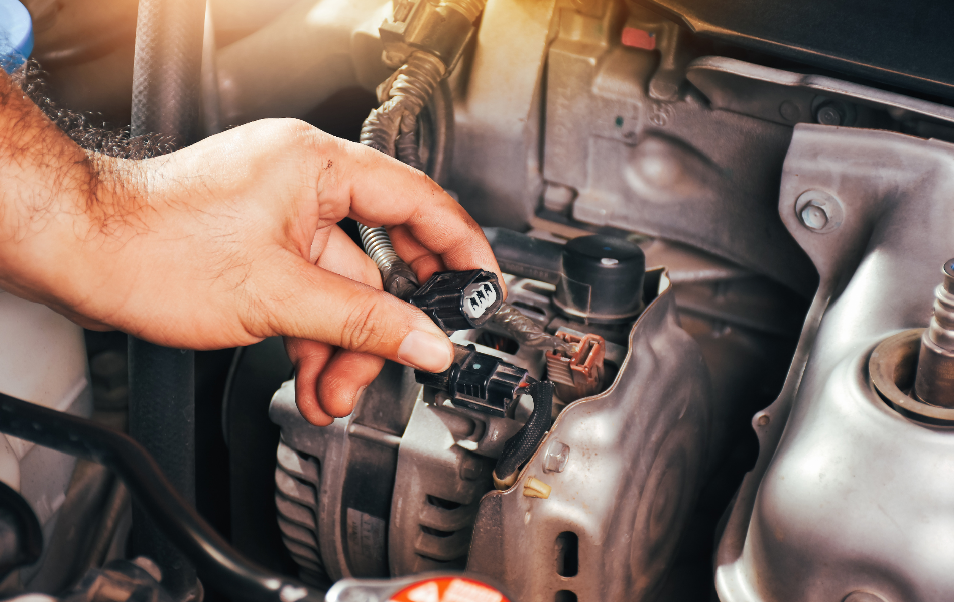 Hand inspecting a car engine part in a vehicle bay