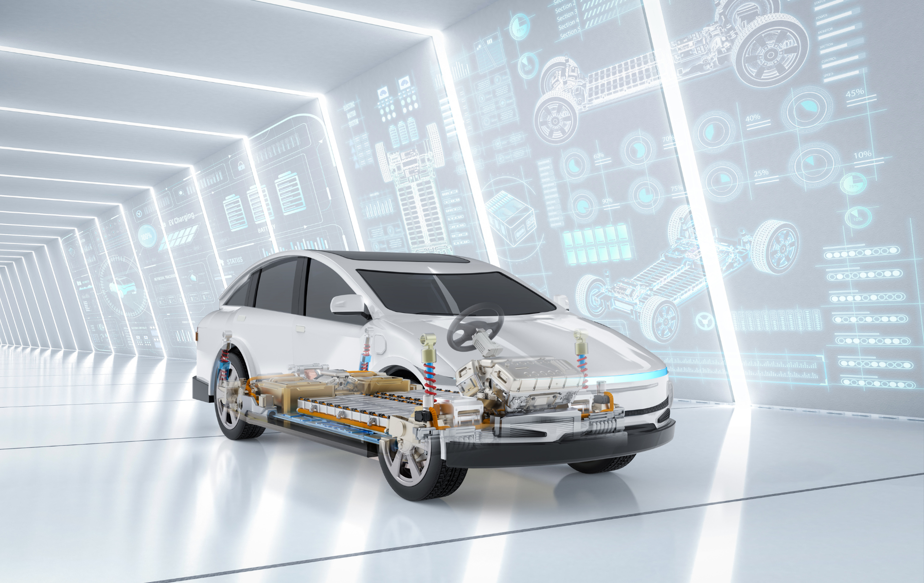 White electric car in a futuristic tunnel with transparent cutaway showing internal components and digital graphics