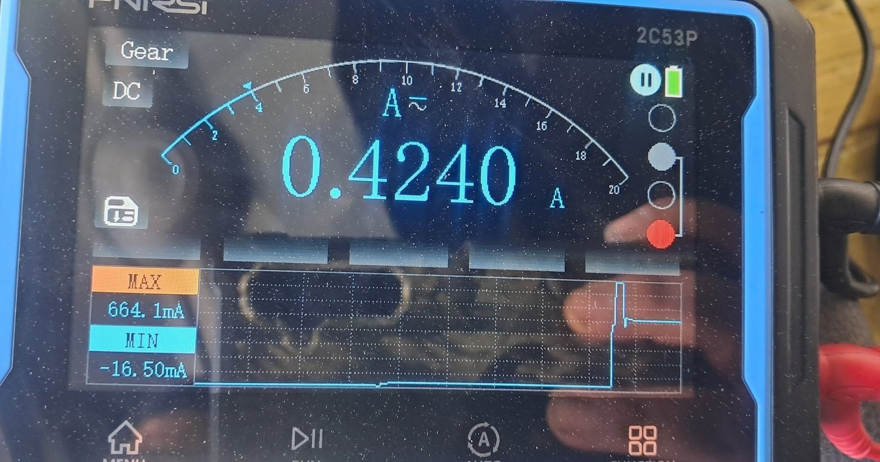 Digital meter display reading 0.4240 with blue arc gauge and small control icons on a dark screen