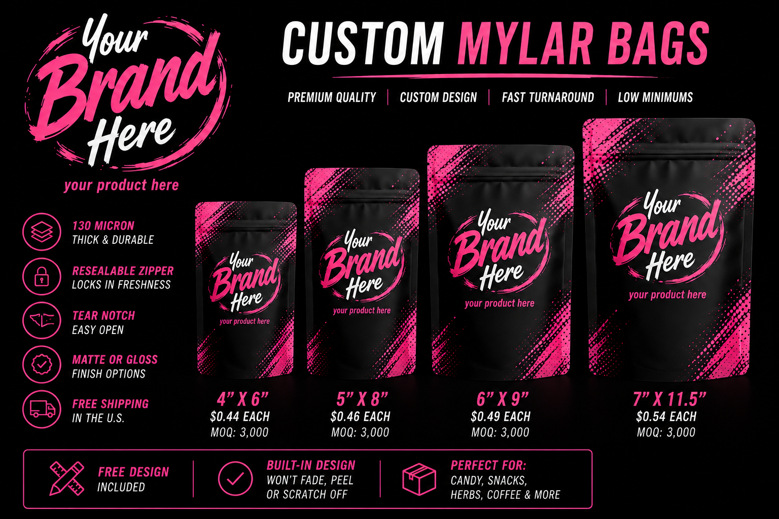 Custom mylar bag product ad with pink and black branded packaging on a dark background